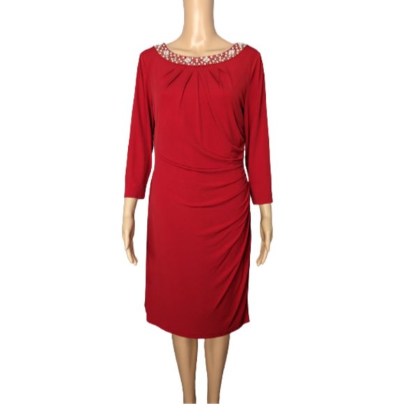 Tahari Arthur S Levine Jewel Embellished Ruched Red Dress 10 - Picture 1 of 11